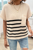 Casual Stripe Pocket Weave O Neck Tops