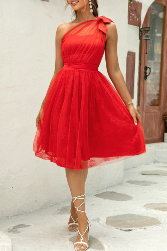 Sexy Prom Solid Color Mesh Bow Decor Sloping Shoulder Evening Dresses