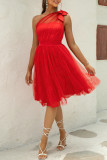 Sexy Prom Solid Color Mesh Bow Decor Sloping Shoulder Evening Dresses