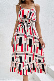 Casual Vacation Striped Print Lace Up Contrast U Neck Sling Dresses