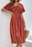 Casual Vacation Striped Print Backless Slit Contrast V Neck A Line Dresses