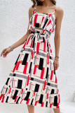 Casual Vacation Striped Print Lace Up Contrast U Neck Sling Dresses