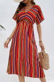 Casual Vacation Striped Print Backless Slit Contrast V Neck A Line Dresses
