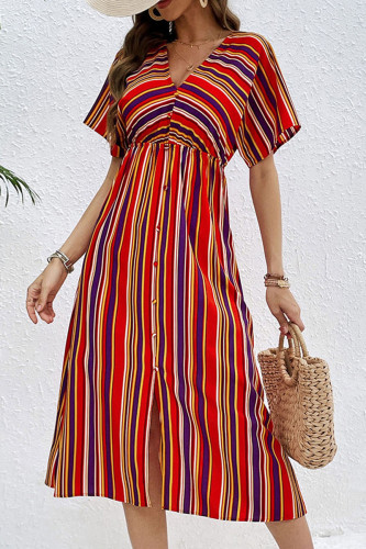 Casual Vacation Striped Print Backless Slit Contrast V Neck A Line Dresses