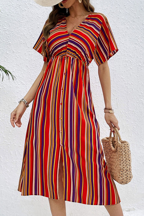 Casual Vacation Striped Print Backless Slit Contrast V Neck A Line Dresses