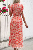 Sexy Flowers Print Ruffle Ruched V Neck A Line Dresses