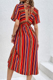 Casual Vacation Striped Print Backless Slit Contrast V Neck A Line Dresses