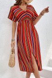 Casual Vacation Striped Print Backless Slit Contrast V Neck A Line Dresses