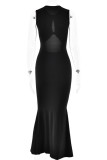 Sexy Solid Color Lace Up Backless O Neck Fishtail Dresses