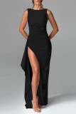 Sexy Prom Solid Color Backless Ruffle Ruched O Neck Evening Dresses