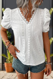 Casual Solid Color Jacquard Lace Hollow Out V Neck Tops