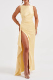 Sexy Prom Solid Color Backless Ruffle Ruched O Neck Evening Dresses