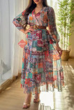 Elegant Geometric Print Patchwork Without Belt V Neck A Line Dresses