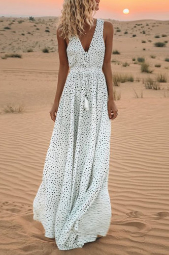 Elegant Polka Dot Print Fringed Trim V Neck Sleeveless Dresses