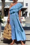 Sexy Solid Color Lace Up Ruffle Sloping Shoulder Irregular Dresses