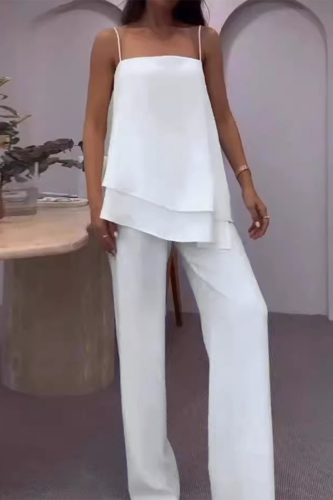 Casual Daily Solid Color Irregular Flounce Square Neck Sleeveless Two Pieces