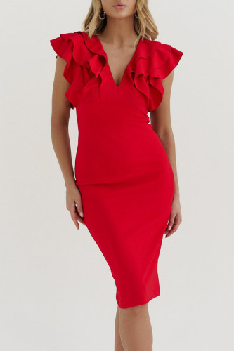 Sexy Solid Color Backless Ruffle V Neck Wrapped Skirt Dresses