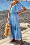 Sexy Solid Color Lace Up Ruffle Sloping Shoulder Irregular Dresses