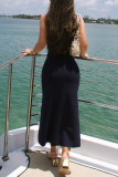Elegant Solid Color Buckle O Neck Sleeveless Dresses
