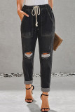 Casual Street Solid Color Ripped Draw String Pocket Denim Jeans