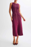 Elegant Solid Color Buckle O Neck Sleeveless Dresses