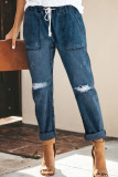 Casual Street Solid Color Ripped Draw String Pocket Denim Jeans