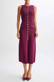 Elegant Solid Color Buckle O Neck Sleeveless Dresses