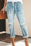 Casual Street Solid Color Ripped Draw String Pocket Denim Jeans