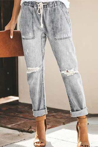 Casual Street Solid Color Ripped Draw String Pocket Denim Jeans