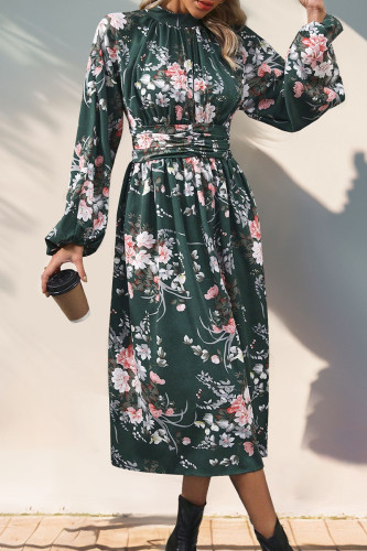 Elegant Floral Print Ruched Mandarin Collar Pleated Dresses