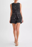 Casual Daily Solid Color Buttons Patchwork O Neck Sleeveless Two Pieces