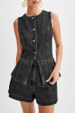 Casual Daily Solid Color Buttons Patchwork O Neck Sleeveless Two Pieces