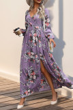 Elegant Flowers Print Slit V Neck A Line Dresses