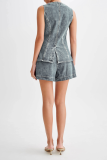 Casual Daily Solid Color Buttons Patchwork O Neck Sleeveless Two Pieces