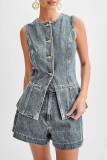 Casual Daily Solid Color Buttons Patchwork O Neck Sleeveless Two Pieces