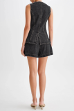 Casual Daily Solid Color Buttons Patchwork O Neck Sleeveless Two Pieces
