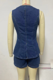 Casual Daily Solid Color Buttons Patchwork O Neck Sleeveless Two Pieces