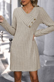 Casual Solid Color Buttons Potholes V Neck Long Sleeve Dresses