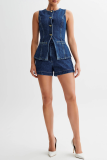 Casual Daily Solid Color Buttons Patchwork O Neck Sleeveless Two Pieces