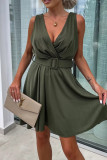 Sexy Solid Color Ruched With Belt V Neck Sleeveless Dresses