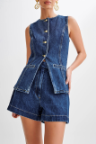 Casual Daily Solid Color Buttons Patchwork O Neck Sleeveless Two Pieces