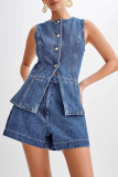Casual Daily Solid Color Buttons Patchwork O Neck Sleeveless Two Pieces