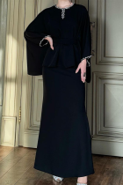 Celebrities Elegant Solid Color Lace Up Rhinestone Decor O Neck Long Sleeve Two Pieces