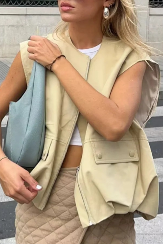 Casual Street Solid Color Pocket Zipper O Neck Tops