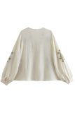 Flowers Embroidered Contrast V Neck Tops