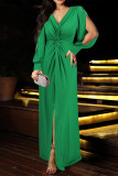 Elegant Solid Color Slit Ruched V Neck A Line Dresses