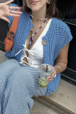 Casual Daily Solid Color Pocket Buttons Weave O Neck Tops