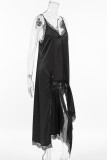 Sexy Street Solid Color Lace Irregular V Neck Sling Dresses