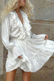 Daily Elegant Solid Color Lace Up Ruffle V Neck A Line Dresses
