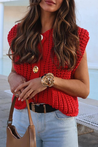Casual Daily Solid Color Pocket Buttons Weave O Neck Tops